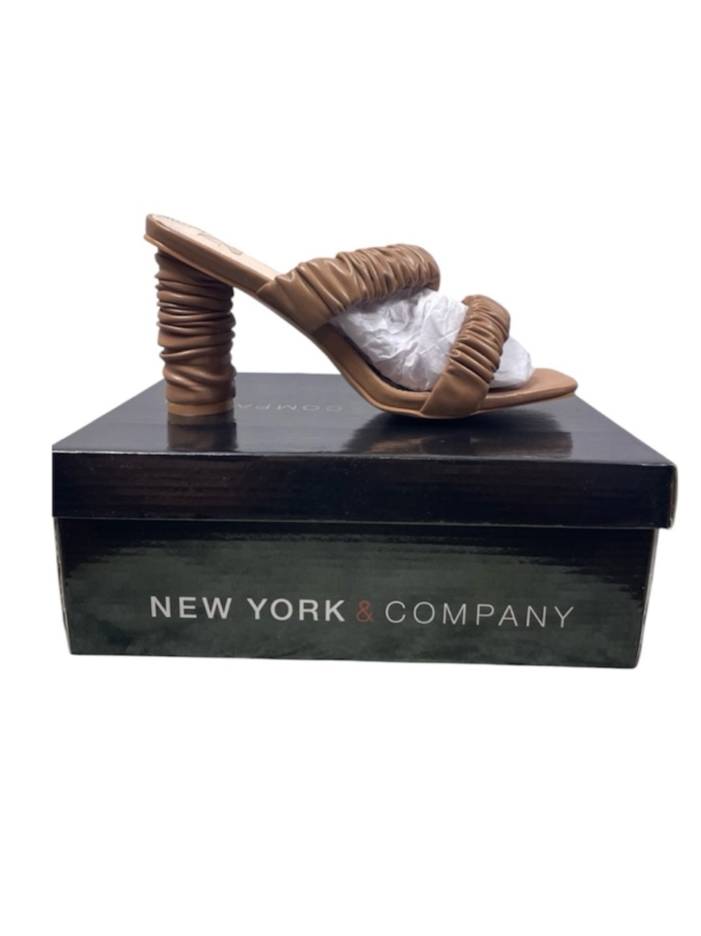 NWT NY&CO Faina Ruched Strap Heeled Sandals Nude 9 Mule Neutral Contemporary